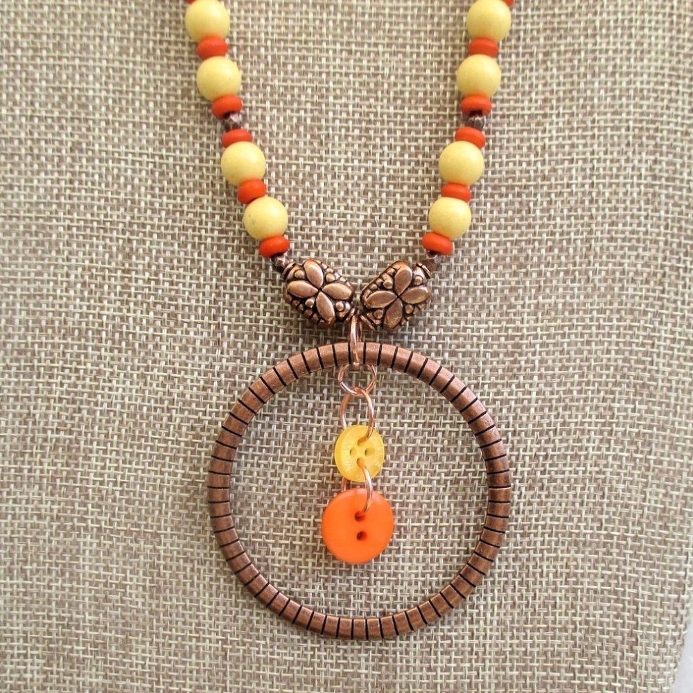 Copper and Orange Button Pendant Necklace